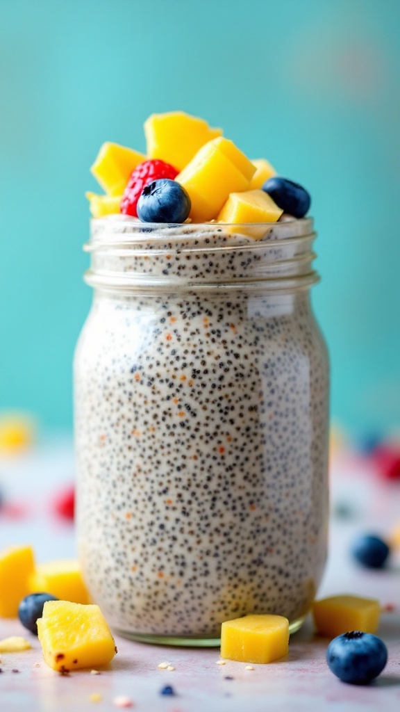 Chia seed pudding in a jar topped with mango, blueberries, and raspberries.