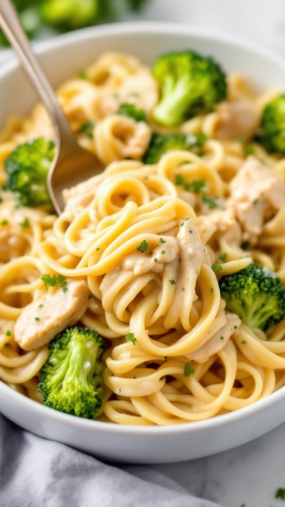 A bowl of Chicken Alfredo pasta with broccoli, featuring creamy sauce and sliced chicken, garnished with parsley.