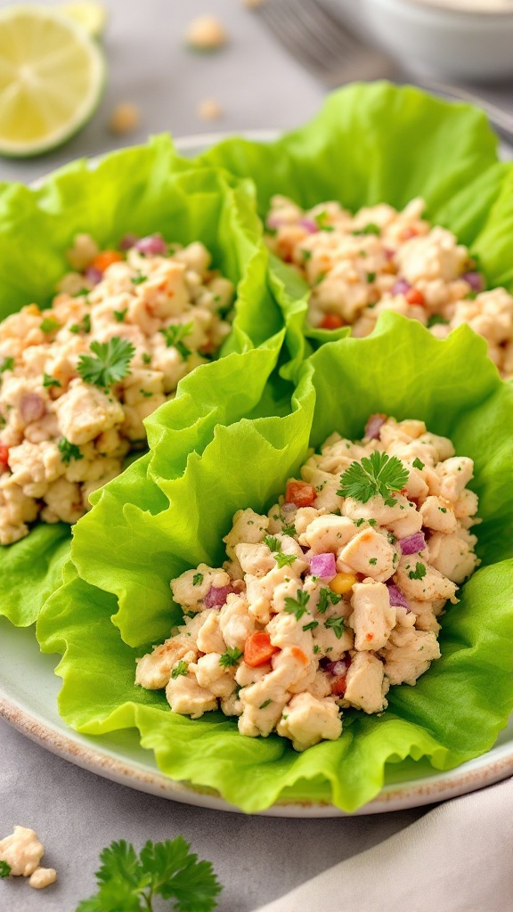 Three chicken salad lettuce wraps on a plate with fresh ingredients.