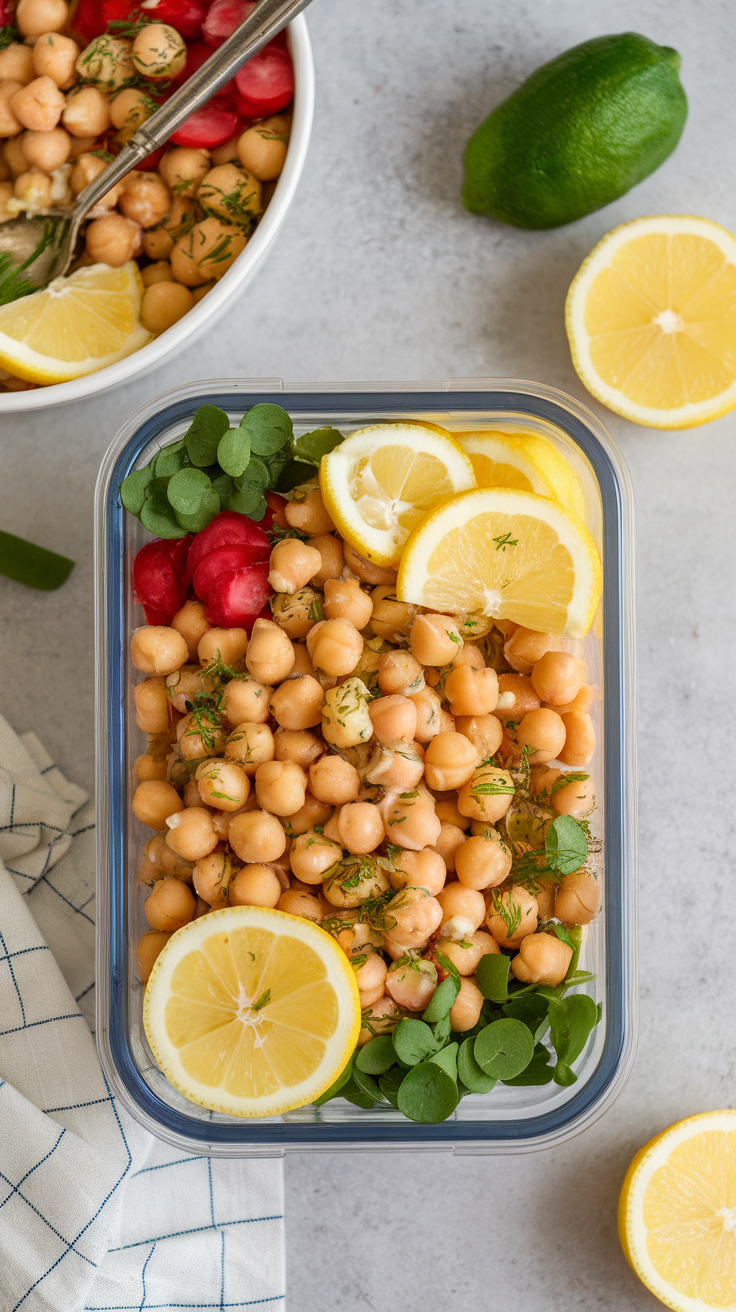 A colorful chickpea salad with lemon slices, greens, and radishes in a clear container.