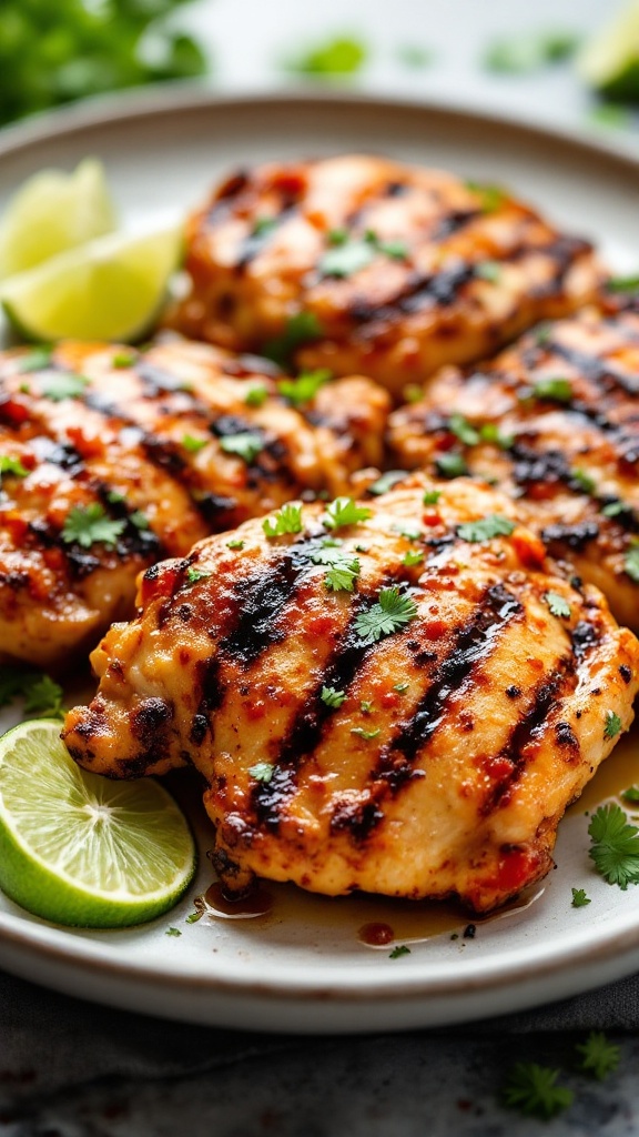 Grilled chili lime chicken thighs garnished with cilantro and lime slices.