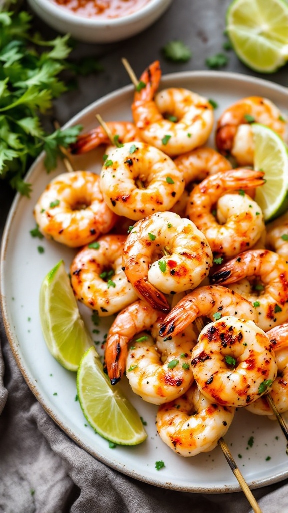 Chili lime grilled shrimp served on a plate with lime wedges and cilantro