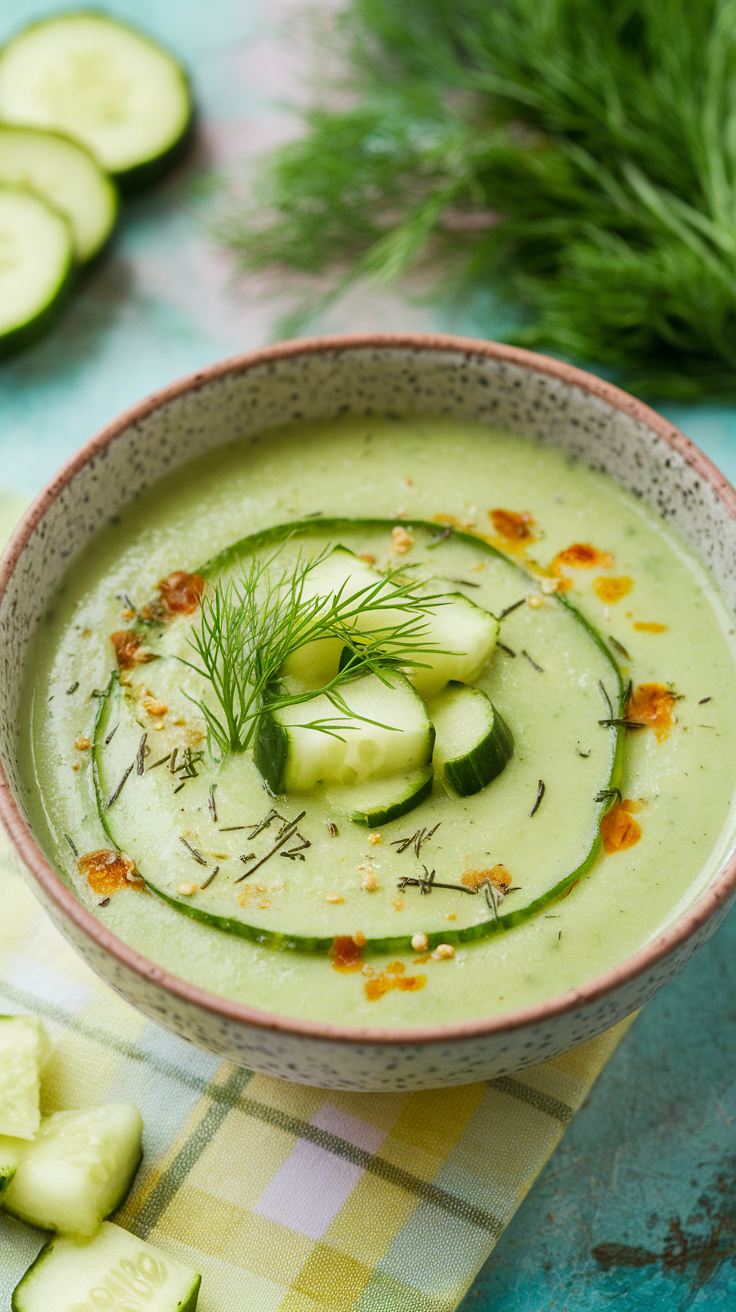 A bowl of chilled cucumber soup garnished with cucumber slices and fresh dill.