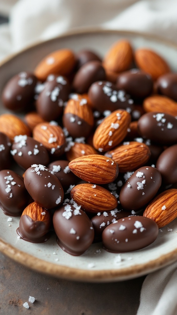 A plate filled with chocolate-dipped almonds and a sprinkle of sea salt.