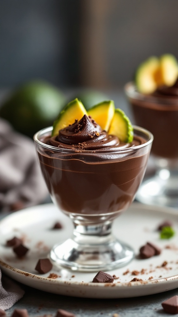 A bowl of chocolate avocado mousse topped with lime slices and chocolate chunks on a plate.