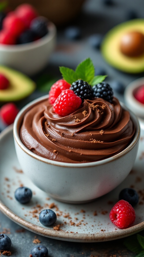 A bowl of chocolate avocado mousse topped with raspberries and blackberries, surrounded by fresh berries and avocado halves.