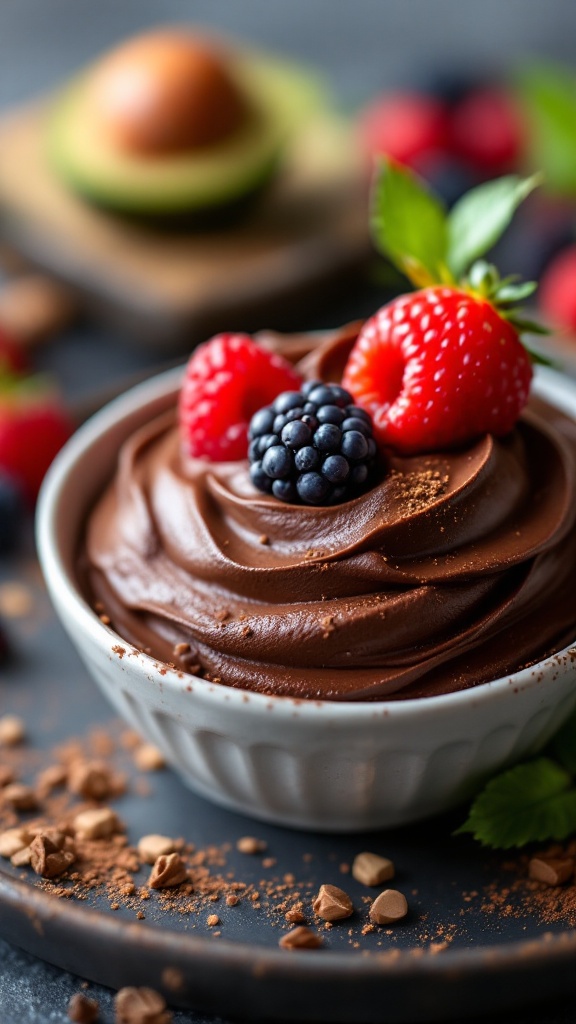 A rich chocolate avocado mousse topped with fresh berries and mint leaves, served in a white bowl with cocoa and nuts scattered around.