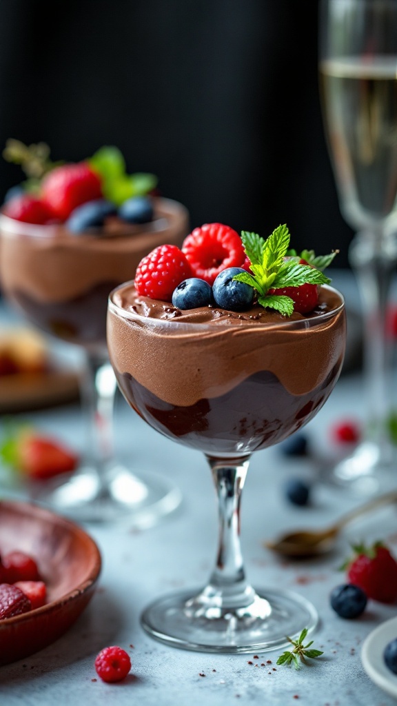 Two elegant glasses filled with chocolate avocado mousse, topped with fresh raspberries, blueberries, and mint leaves.