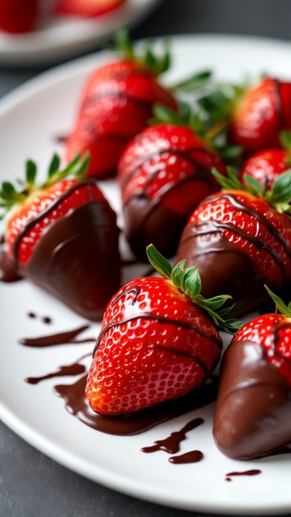 Delicious chocolate dipped strawberries on a plate, showcasing their shiny coating and fresh appearance.