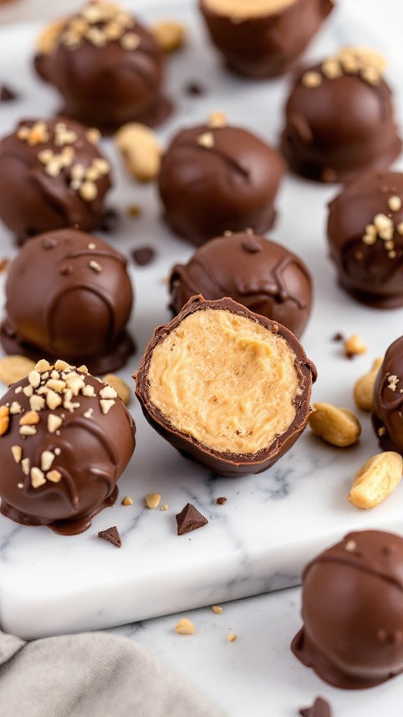 Chocolate Peanut Butter Fat Bombs displayed on a marble surface, with one cut in half to show the creamy filling.