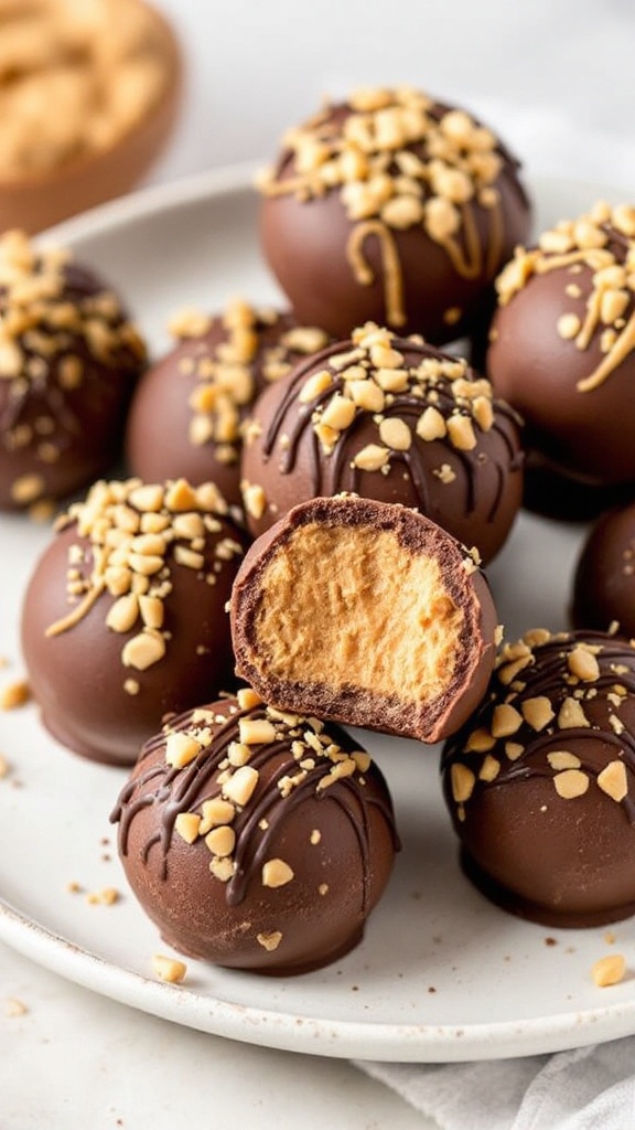 A plate of chocolate peanut butter fat bombs, some are bitten into, revealing the creamy peanut butter center.