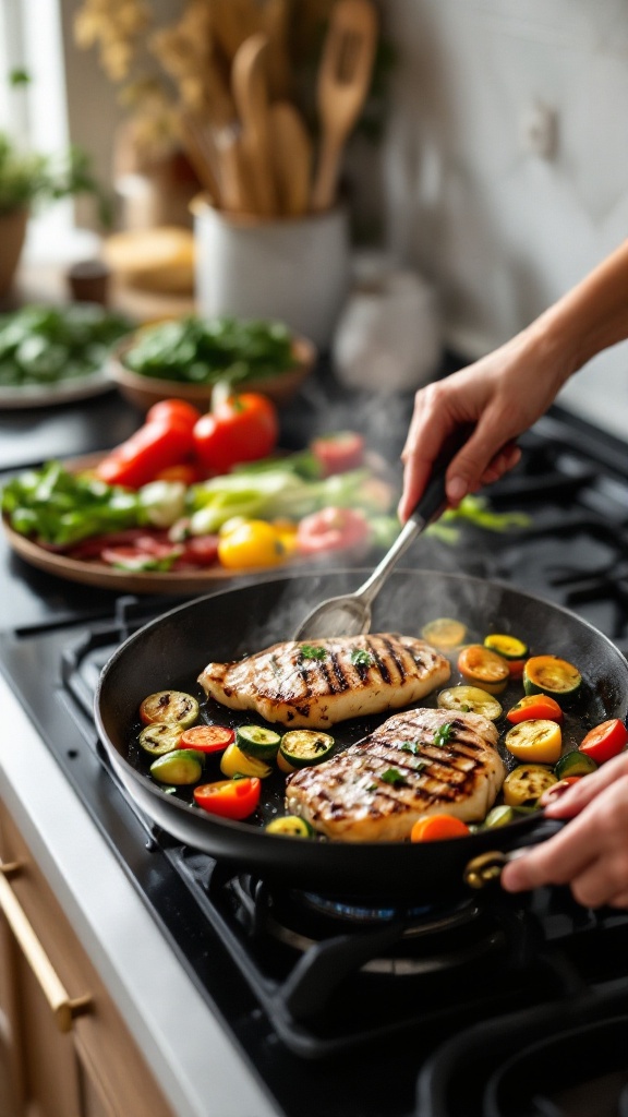 A person cooking grilled chicken and vegetables in a frying pan with fresh ingredients on the side.