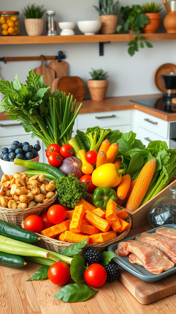 A variety of colorful fruits, vegetables, and proteins arranged on a kitchen counter.