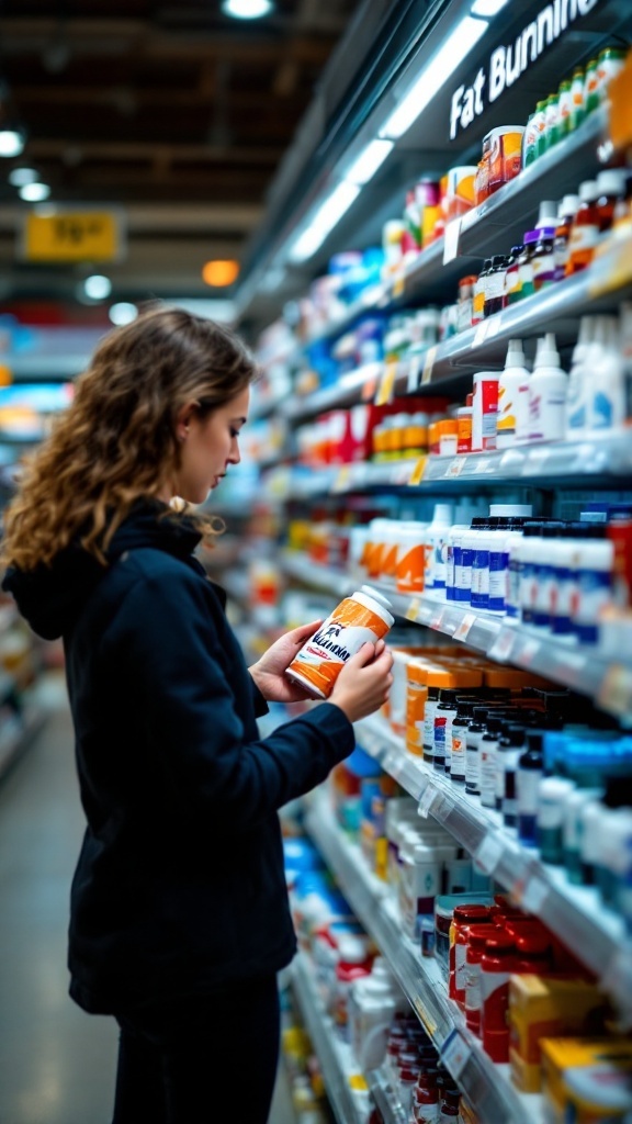 A person examining a fat burning cream in a store aisle filled with various health products.