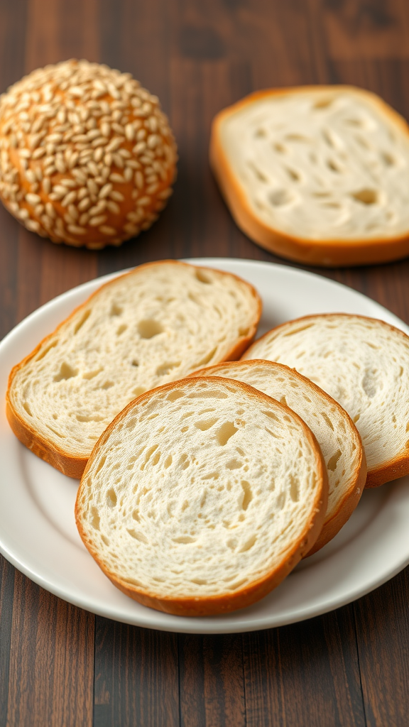 Slices of white bread on a plate with a sesame seed bun in the background