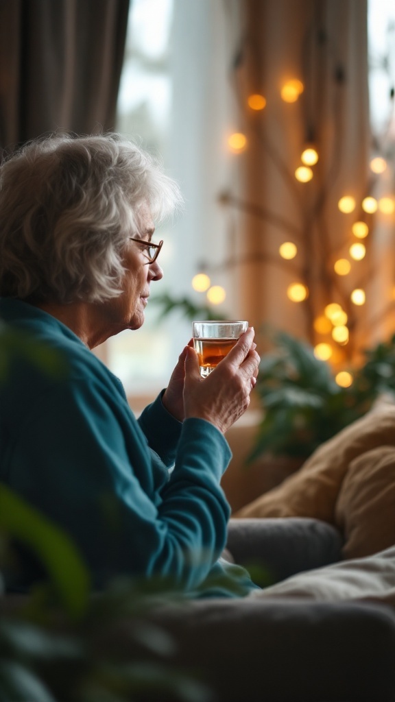 An elderly woman sitting comfortably with a warm drink, surrounded by soft lights and plants, symbolizing relaxation and self-care.