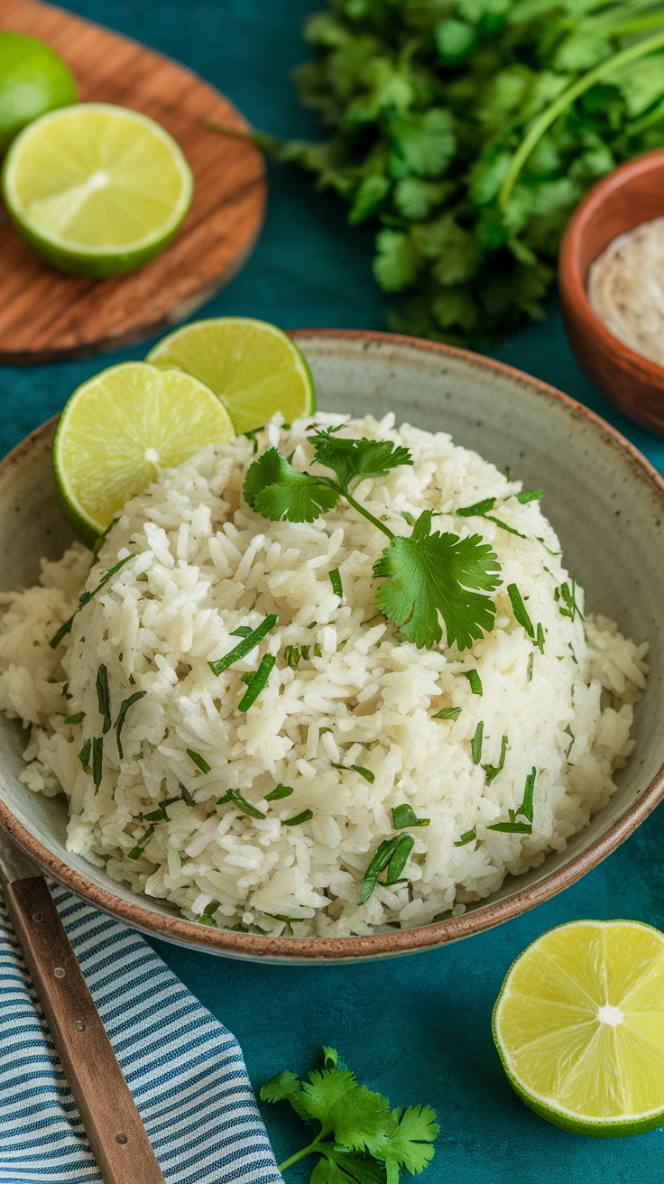 A bowl of cilantro lime rice garnished with cilantro leaves and lime slices