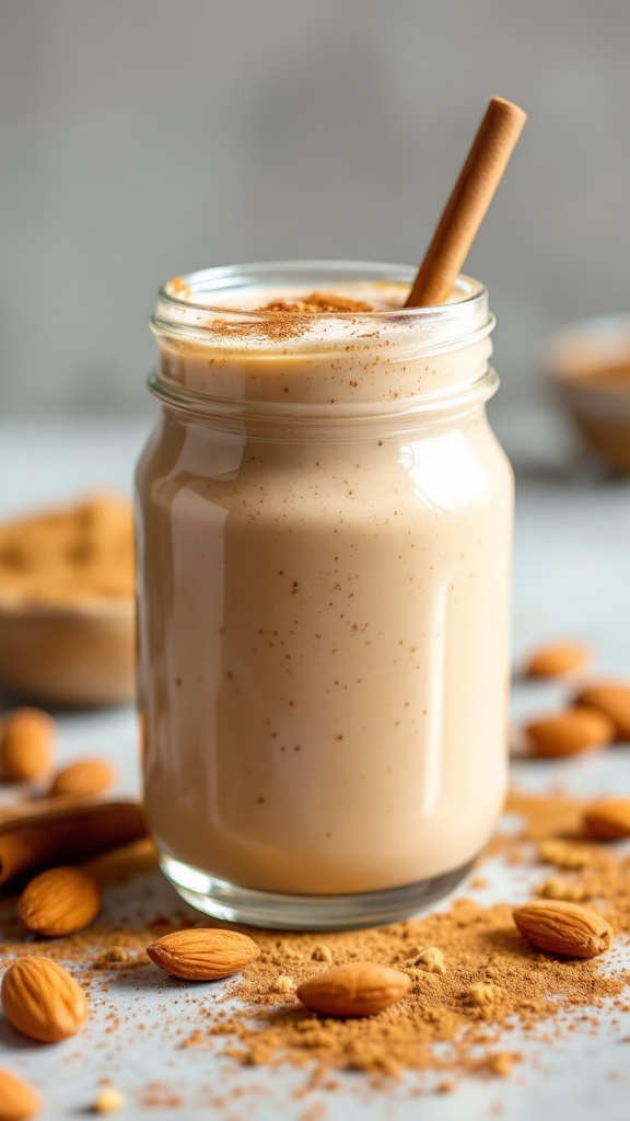 A creamy Cinnamon Almond Butter Smoothie in a glass jar with a straw, surrounded by almonds and sprinkled cinnamon.