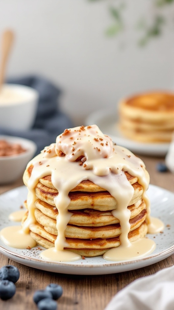 A stack of fluffy cinnamon roll pancakes drizzled with creamy glaze and topped with a sprinkle of cinnamon, with blueberries on the side.