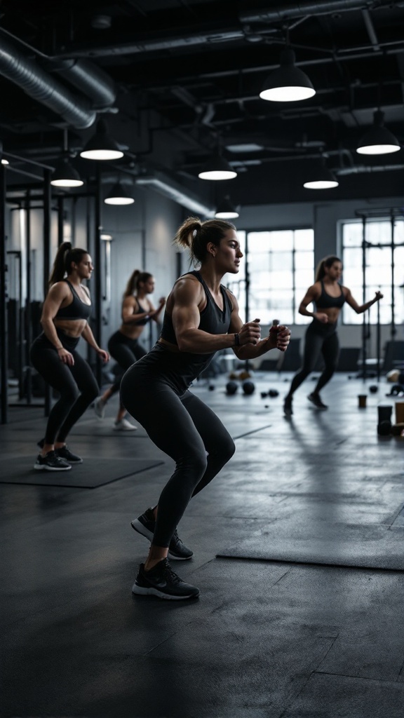 A group of individuals participating in circuit training at a gym, showcasing various exercises.