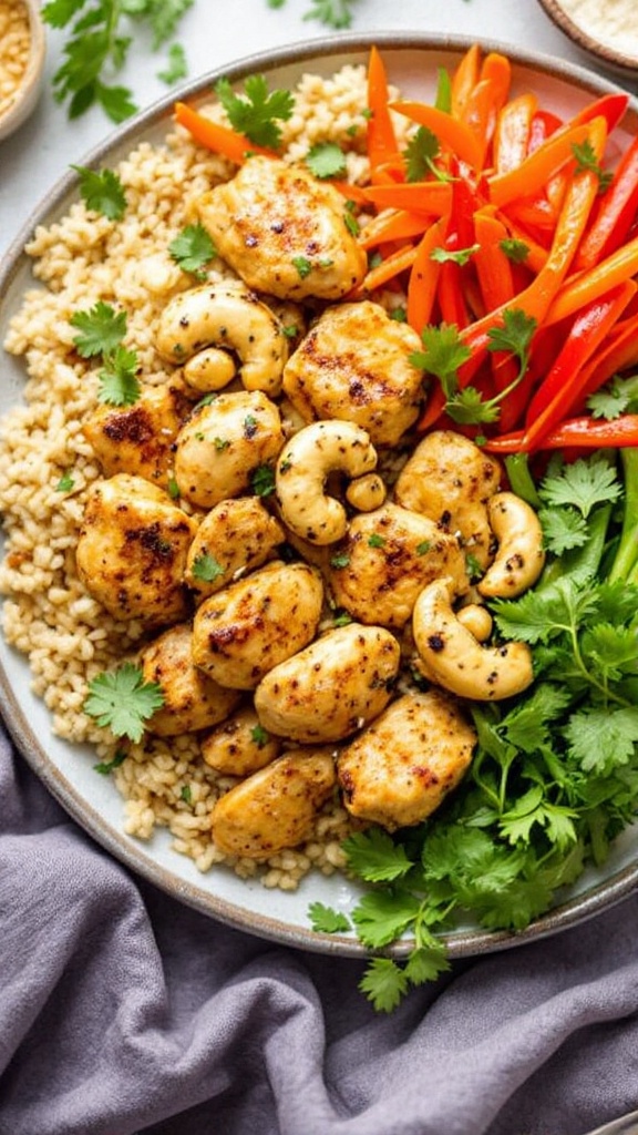 A plate featuring coconut cashew chicken served with grains and fresh vegetables.