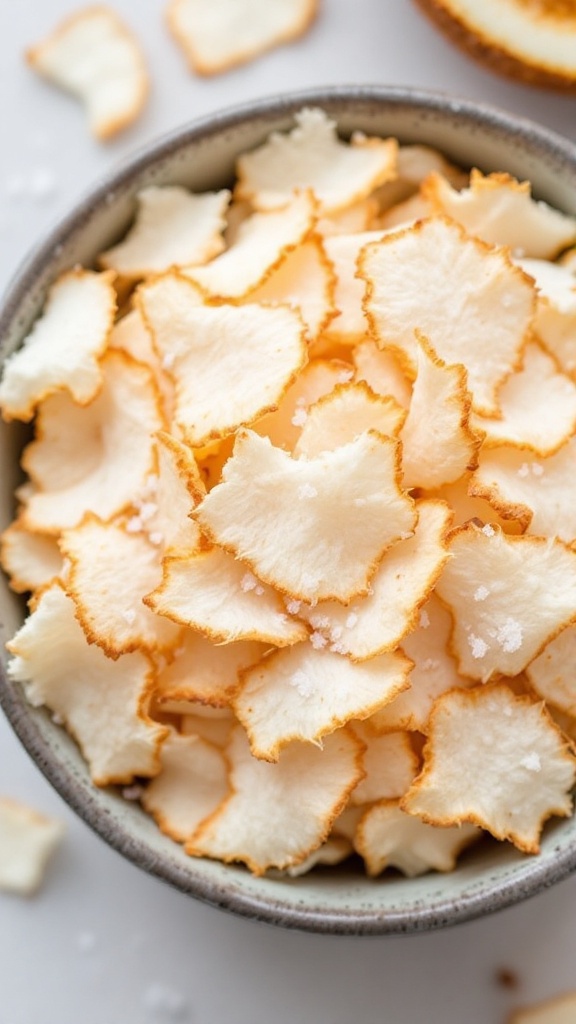 A bowl of crispy coconut chips lightly sprinkled with sea salt.