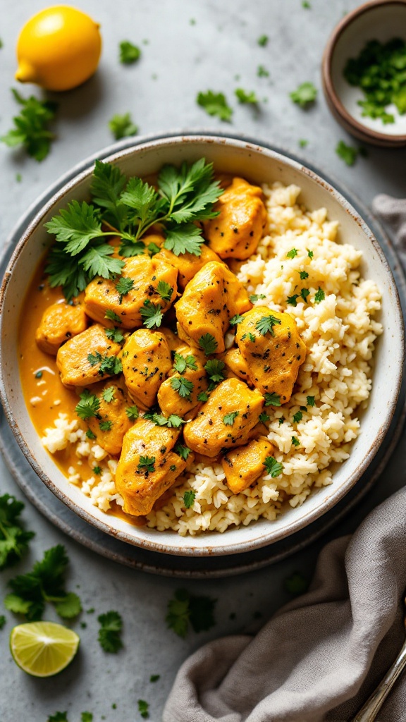 A bowl of coconut curry chicken served with rice and garnished with cilantro