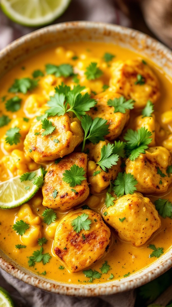 A bowl of coconut curry chicken with cilantro and lime slices