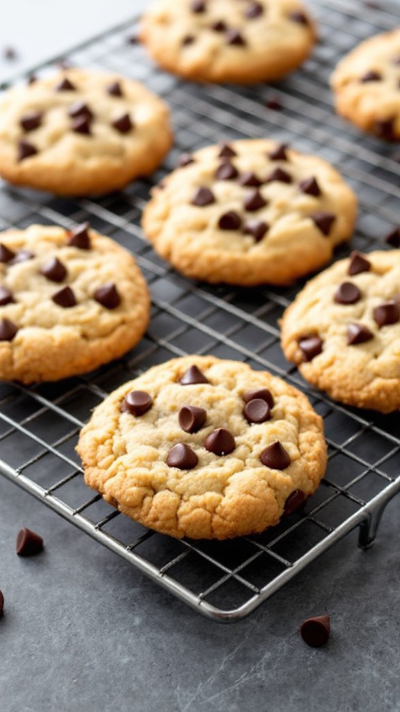 Golden brown coconut flour cookies with chocolate chips on a cooling rack.