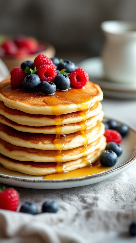 Stack of coconut flour pancakes topped with fresh berries and syrup