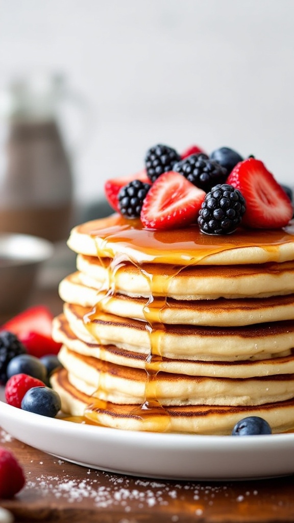 A stack of coconut flour pancakes topped with fresh berries and syrup.