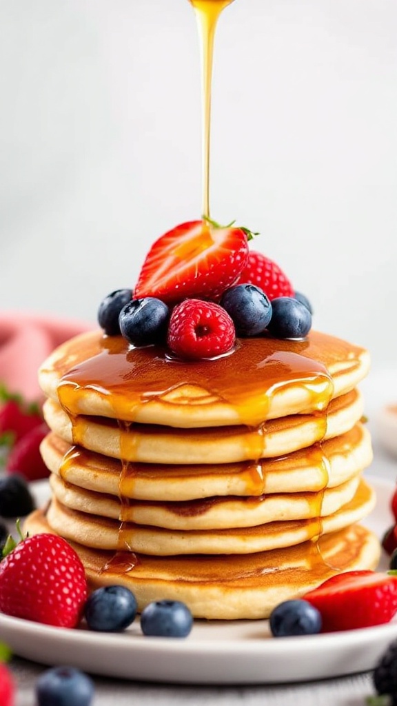 A stack of coconut flour pancakes topped with strawberries, blueberries, and syrup.