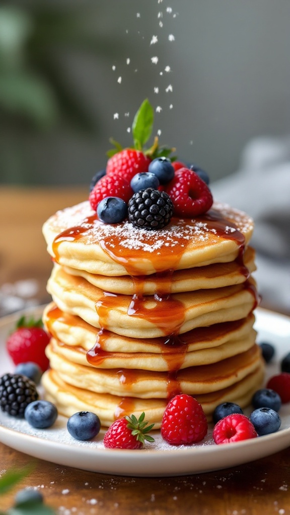 Stack of coconut flour pancakes topped with syrup and berries