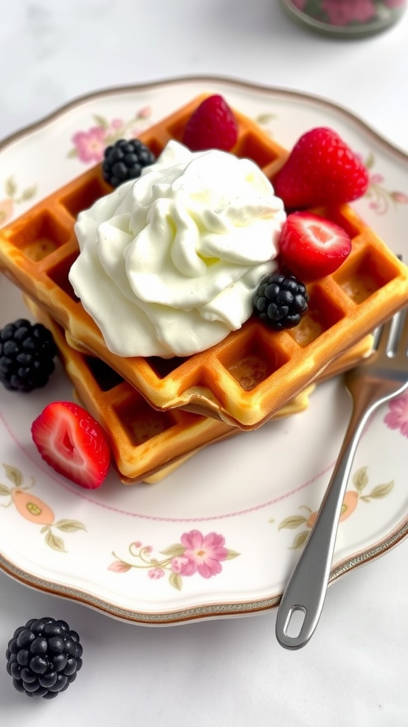 A plate of coconut flour waffles topped with whipped cream and fresh berries.