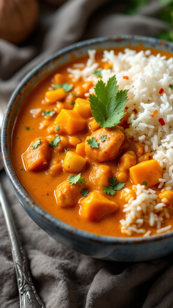 A bowl of coconut milk curry with vegetables and rice