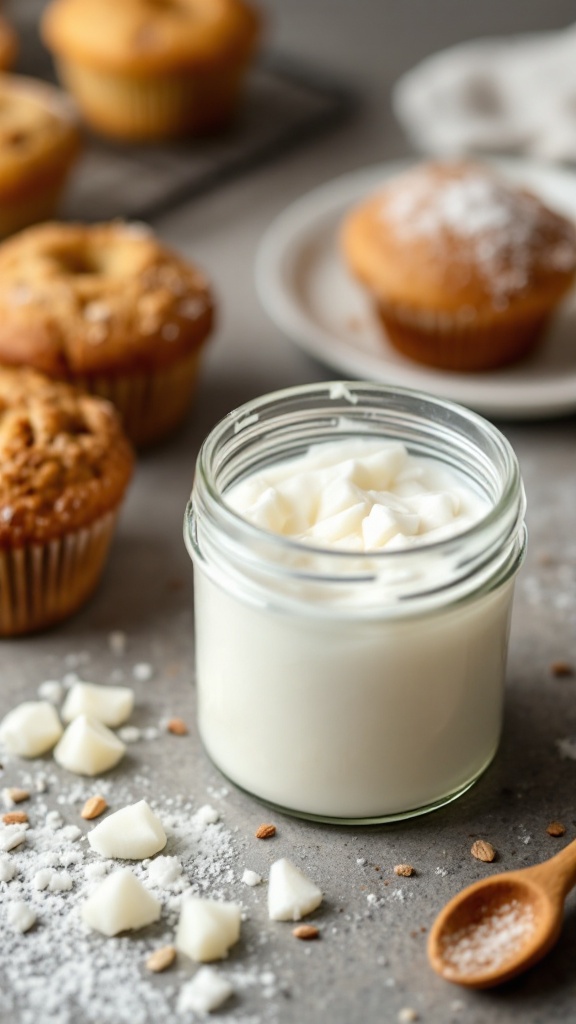 A jar of coconut oil surrounded by freshly baked muffins and scattered ingredients.