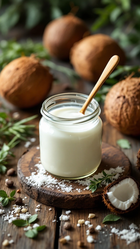 Jar of coconut oil on wooden surface with whole coconuts and herbs in the background