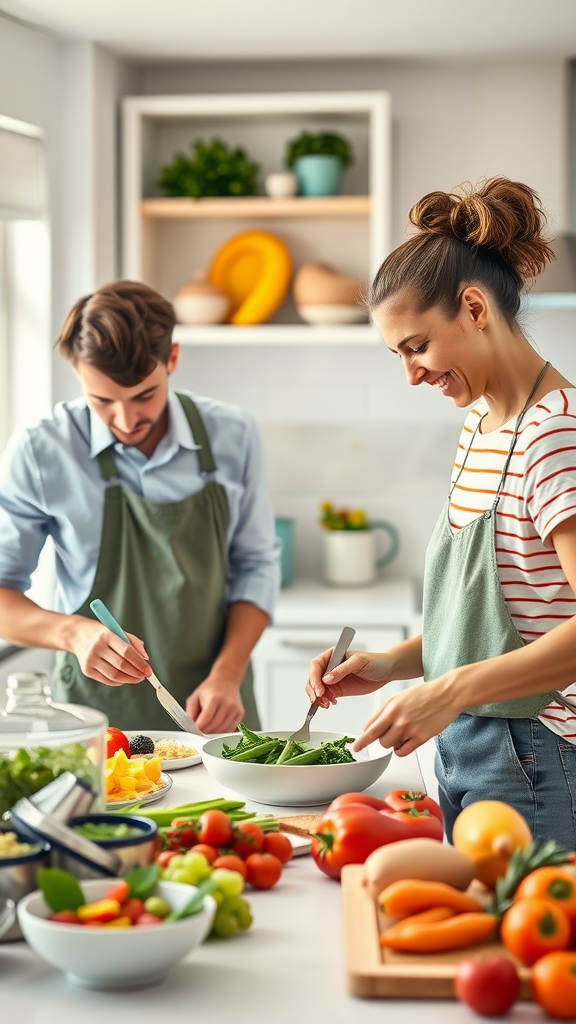 Couple cooking together in a bright kitchen, preparing fresh vegetables and enjoying the moment.