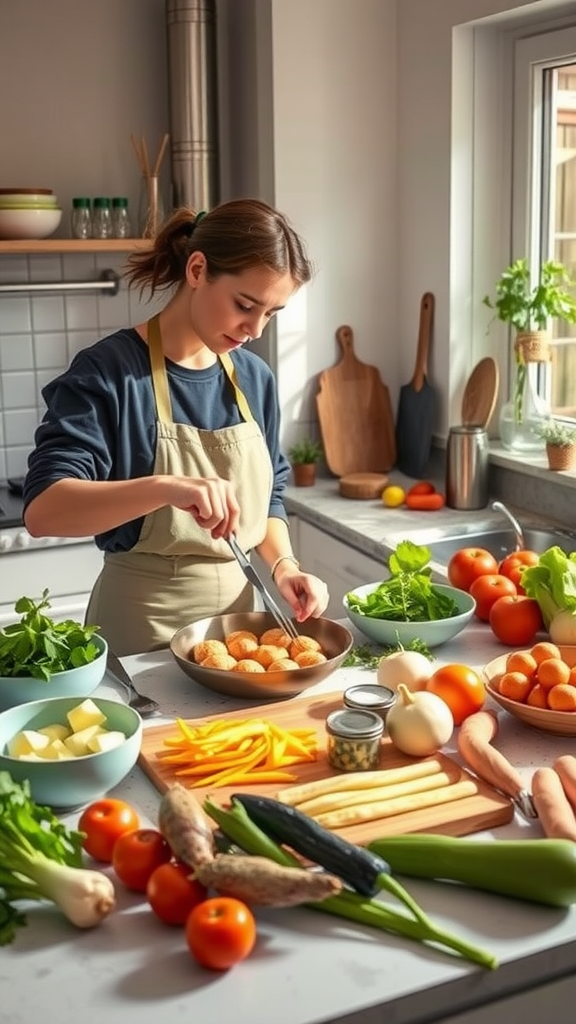 A person cooking in a kitchen with fresh vegetables and ingredients on the countertop.