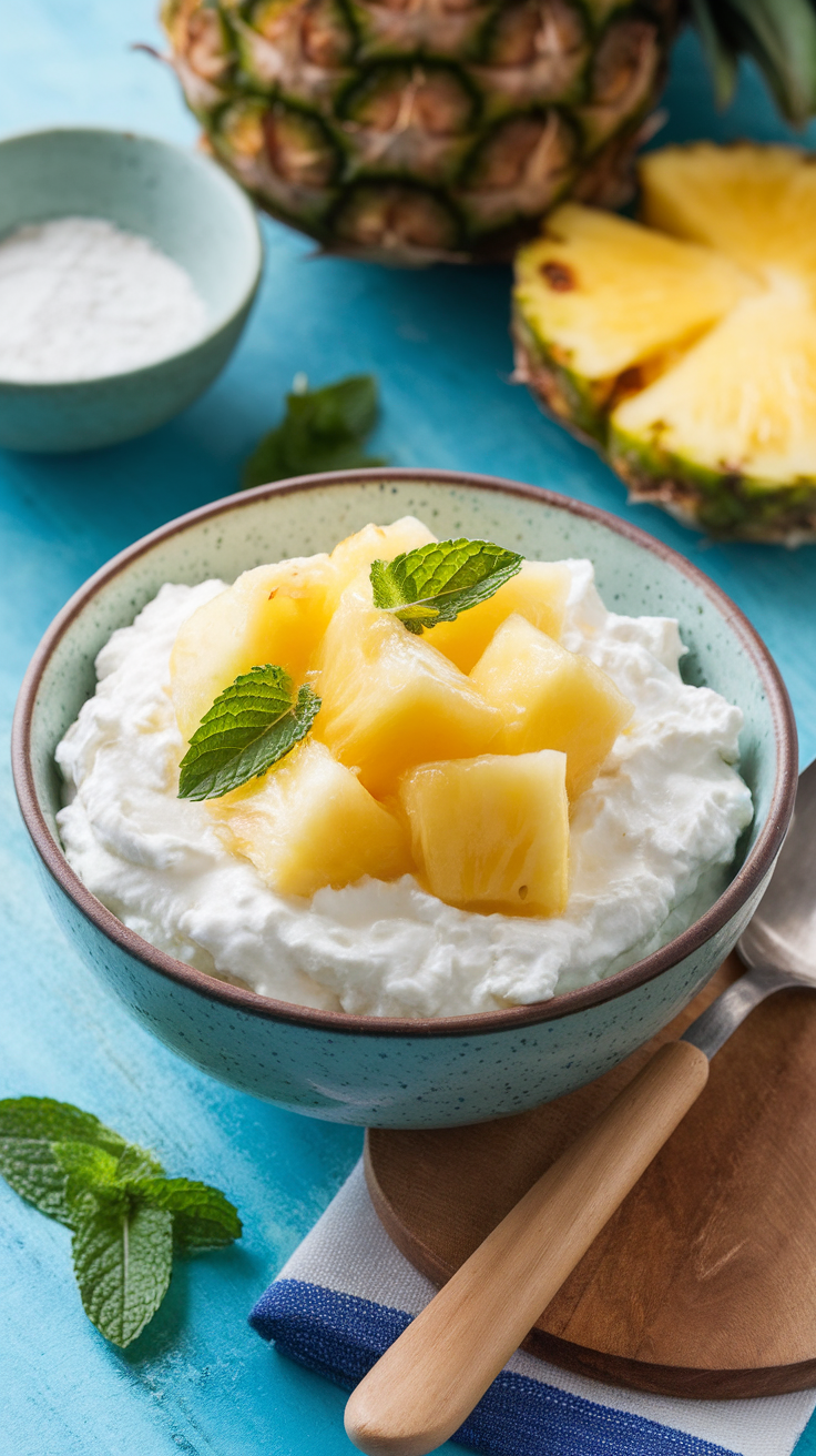 A bowl of cottage cheese topped with pineapple chunks and mint leaves, with a pineapple in the background.