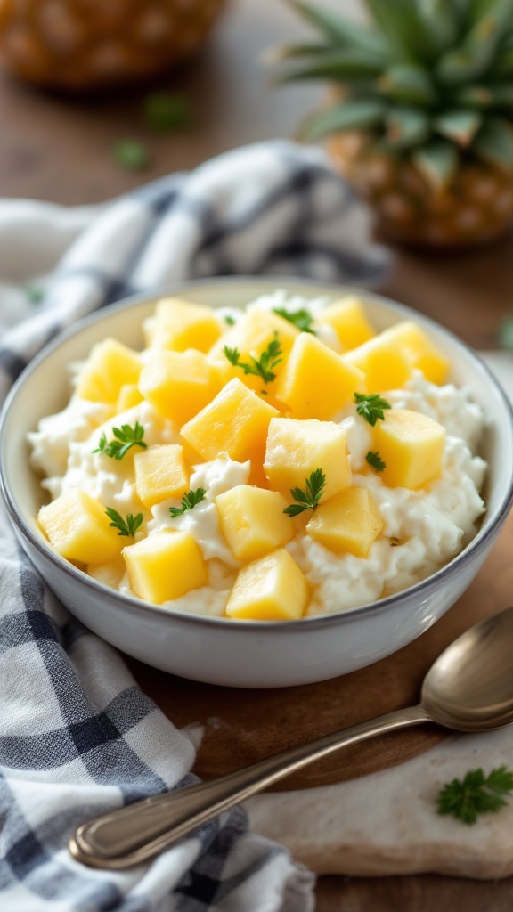 A bowl of cottage cheese topped with diced mango and parsley, with a pineapple in the background.