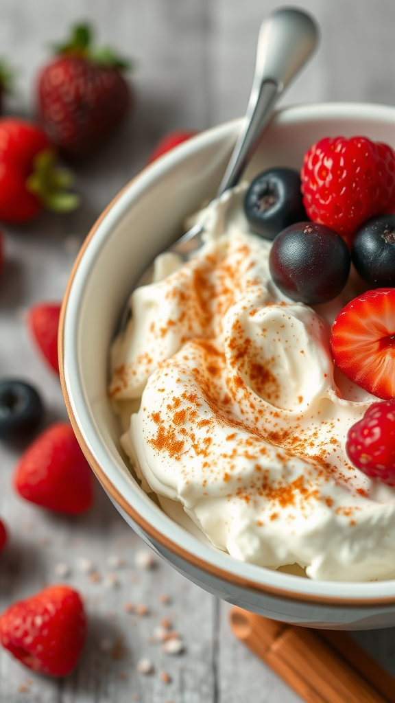 A bowl of cottage cheese topped with cinnamon and a variety of fresh berries, including strawberries, raspberries, and blueberries.