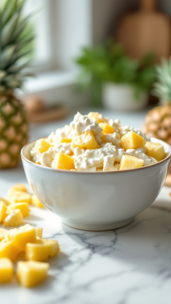 A bowl of cottage cheese topped with pineapple chunks, surrounded by pineapple pieces on a marble surface.