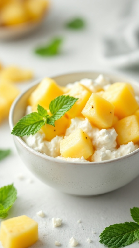 Bowl of cottage cheese topped with pineapple chunks and mint leaves