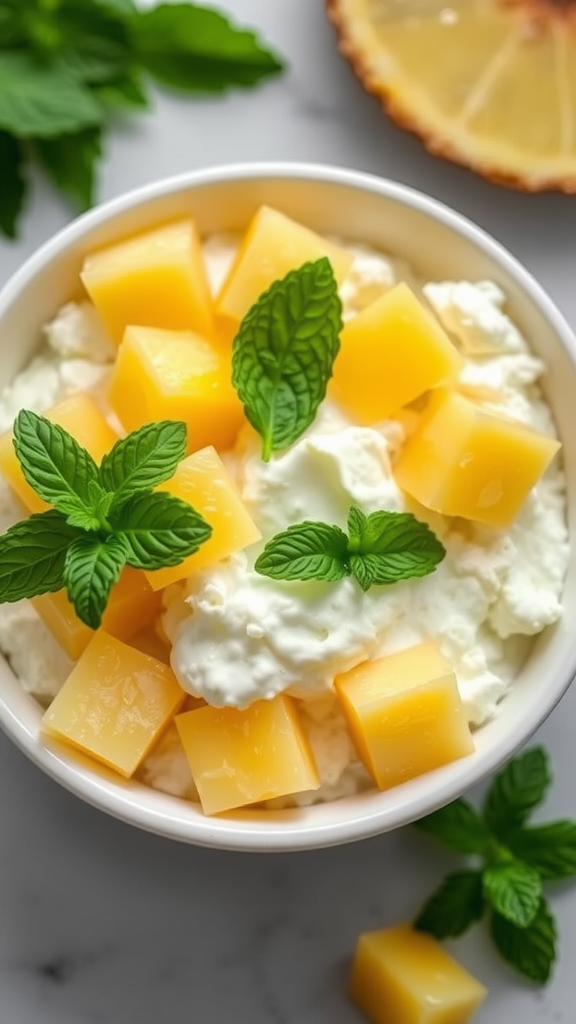 Bowl of cottage cheese topped with pineapple chunks and mint leaves