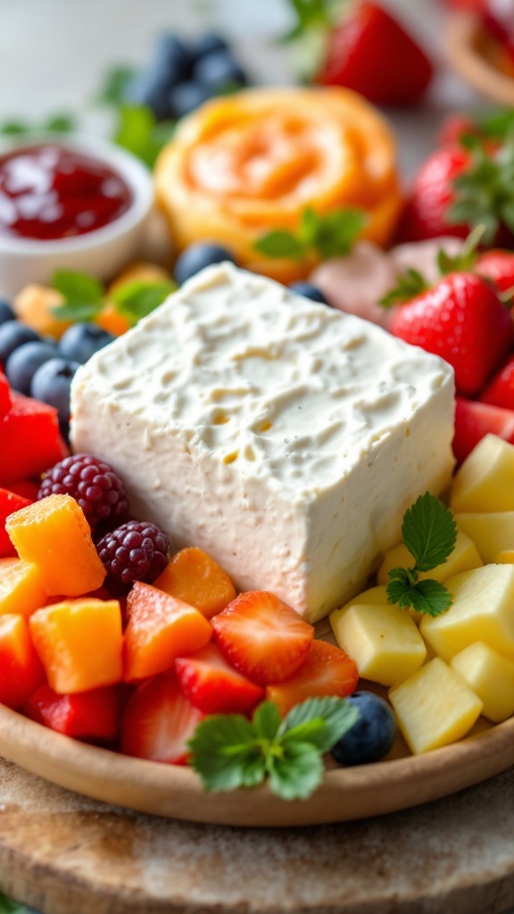 A block of cream cheese surrounded by fresh fruits like strawberries, blueberries, and melon on a wooden platter.