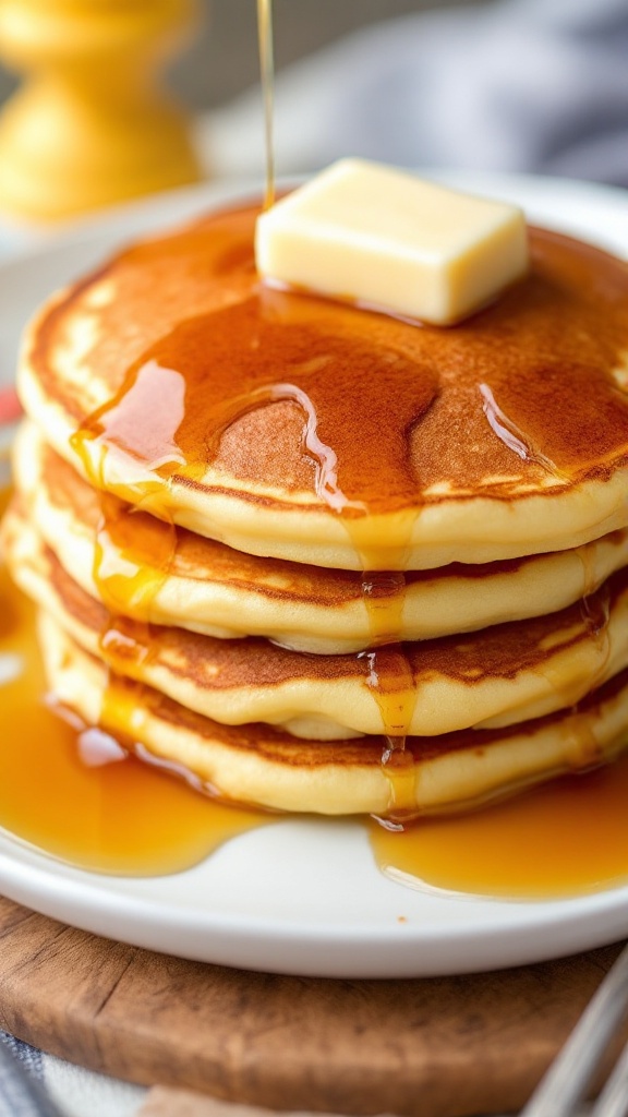 A stack of cream cheese pancakes topped with butter and syrup.