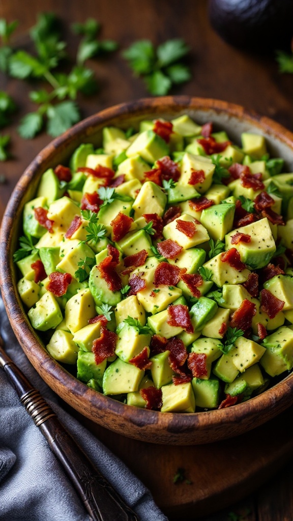 A wooden bowl filled with diced avocados, crispy bacon bits, and fresh cilantro.