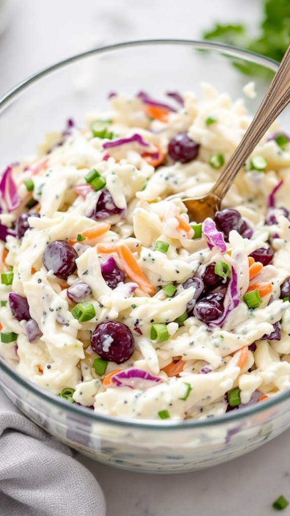 Bowl of creamy blue cheese coleslaw with colorful vegetables and blueberries