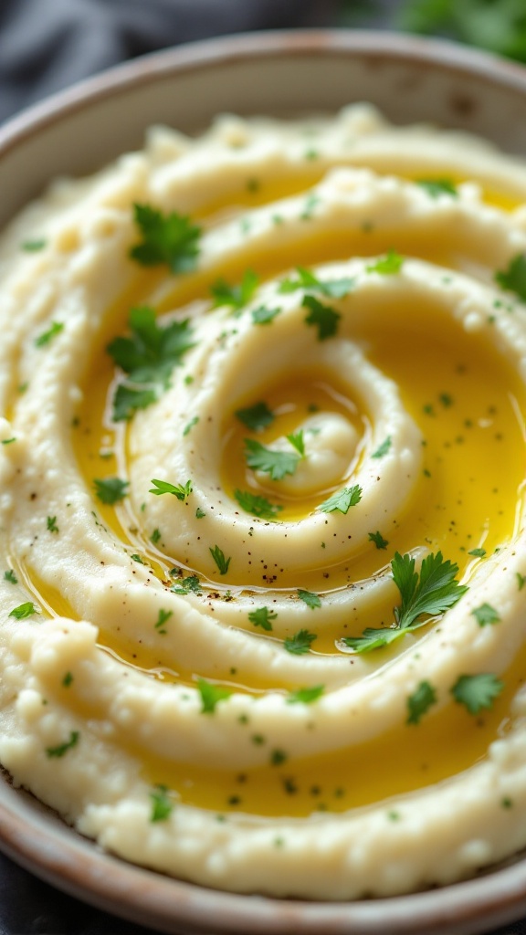 A bowl of creamy cauliflower mash topped with olive oil and fresh herbs, presented in a swirl.